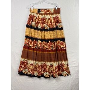 Cascais Midi Skirt Womens XL Brown Tropical Hawaiian Floral Rayon Pleated USA